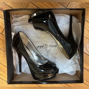 Baby Phat Glossy Glittery Black Peep Toe Heels with Silver Accent